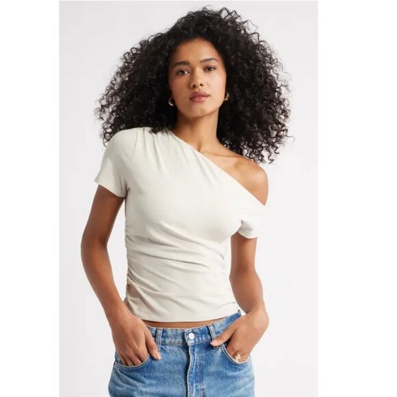 Open Edit Taupe Short Sleeve Draped Off Shoulder Stretch Top - Picture 1 of 3